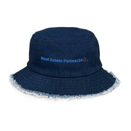Distressed denim bucket hat Real Estate Partner24 with Logo.