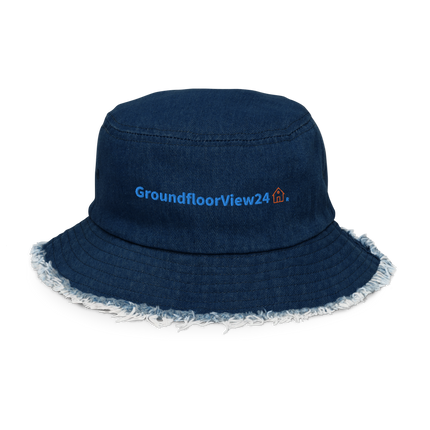 Distressed denim bucket hat GroundfloorView24 with Logo.