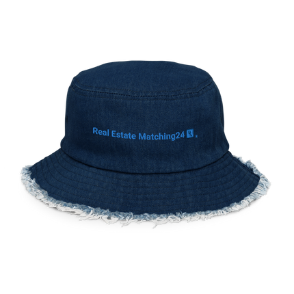Distressed denim bucket hat Real Estate Matching24 with Logo.