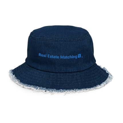 Distressed denim bucket hat Real Estate Matching with Logo.