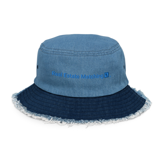 Distressed denim bucket hat Real Estate Matching with Logo.