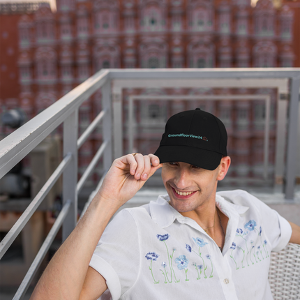 Albania Distressed Dad Hat GroundfloorView24 with 3 Logos.