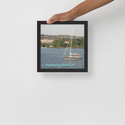 Boat on the River Framed poster with realestatepartner24 with house Logo