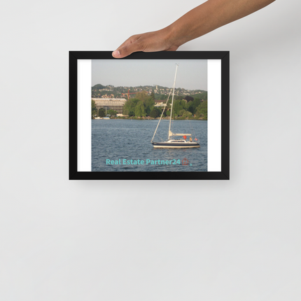 Boat on the River Framed poster with realestatepartner24 with house Logo