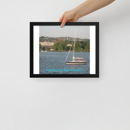 Boat on the River Framed poster with realestatematching24 without key Logo