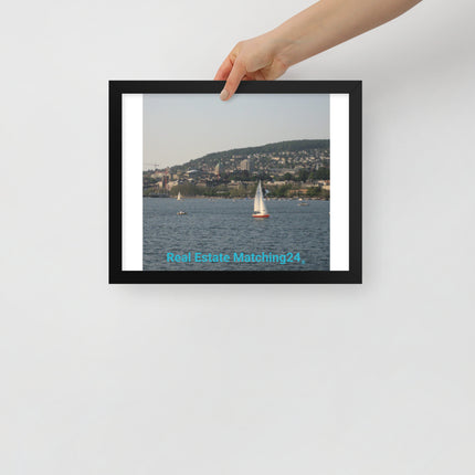 Beautiful River & Hills Sinari Framed poster with realestatematching24 without key Logo