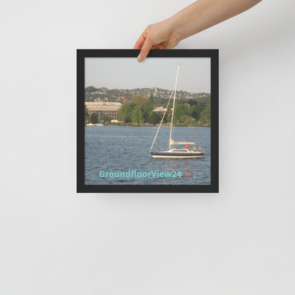 Boat on the River Framed poster with groundfloorview24 with House Logo