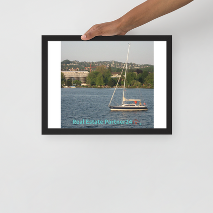 Boat on the River Framed poster with realestatepartner24 with house Logo