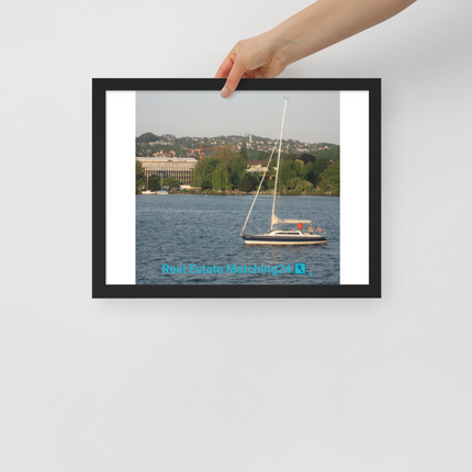 Boat on the River Framed poster with realestatematching24 with key Logo