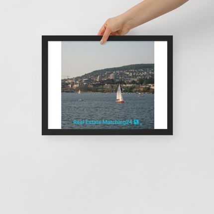 Beautiful River & Hills Sinari Framed poster with realestatematching24 with key Logo
