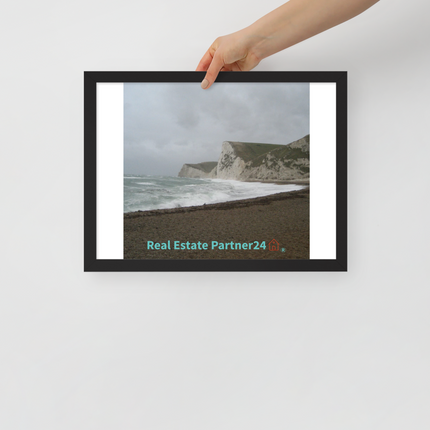 Waves and Sand Framed poster with realestatepartner24 with house Logo