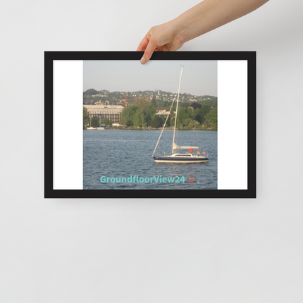 Boat on the River Framed poster with groundfloorview24 with House Logo