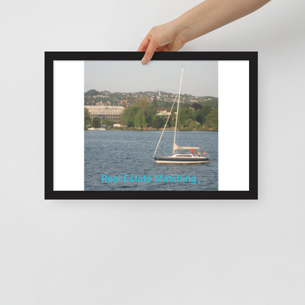 Boat on the River Framed poster with realestatematching without key Logo