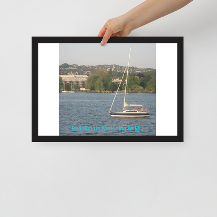 Boat on the River Framed poster with realestatematching24 with key Logo