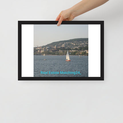 Beautiful River & Hills Sinari Framed poster with realestatematching24 without key Logo