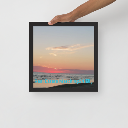 Sunset Sinari Framed poster with Real Estate Matching24 Logo
