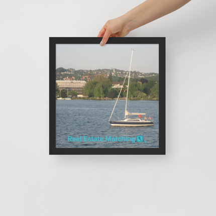 Boat on the River Framed poster with realestatematching with key Logo