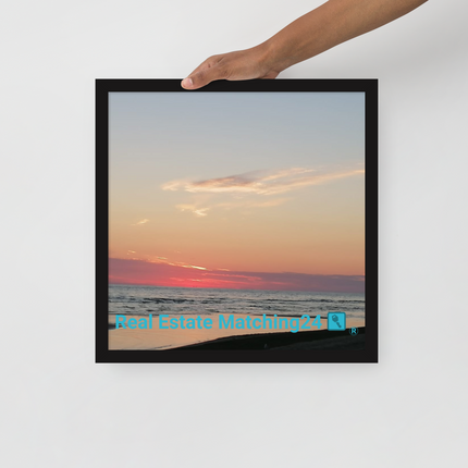 Sunset Sinari Framed poster with Real Estate Matching24 Logo
