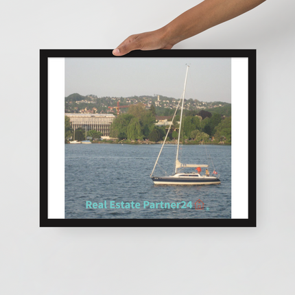 Boat on the River Framed poster with realestatepartner24 with house Logo