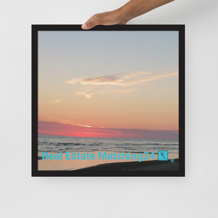 Sunset Sinari Framed poster with Real Estate Matching24 Logo