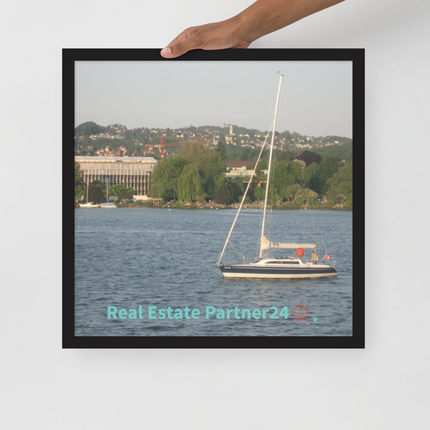 Boat on the River Framed poster with realestatepartner24 with house Logo