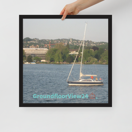 Boat on the River Framed poster with groundfloorview24 with House Logo