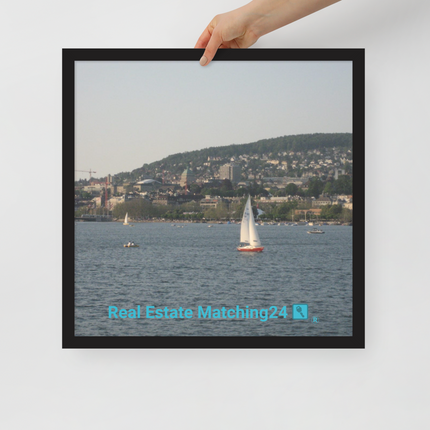 Beautiful River & Hills Sinari Framed poster with realestatematching24 with key Logo
