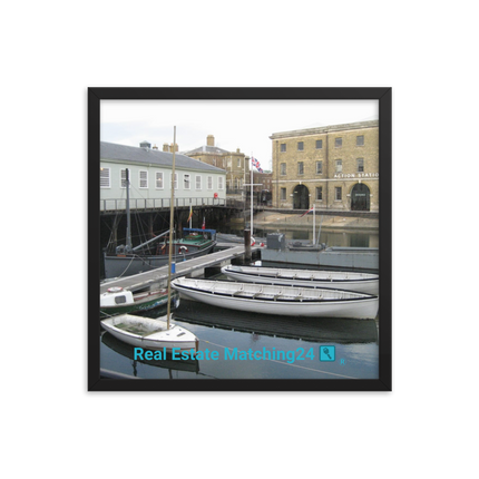 Boat on Water Framed poster with realestatematching24 with key Logo