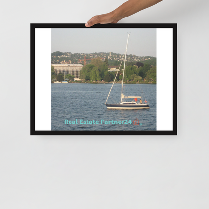 Boat on the River Framed poster with realestatepartner24 with house Logo