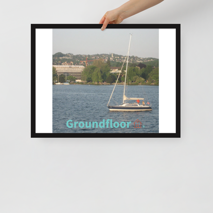 Boat on the River Framed poster with Groundfloor with House Logo