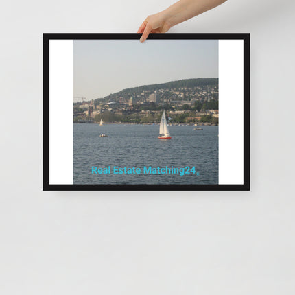 Beautiful River & Hills Sinari Framed poster with realestatematching24 without key Logo