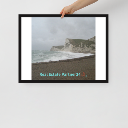 Waves and Sand Framed poster with realestatepartner24 with house Logo