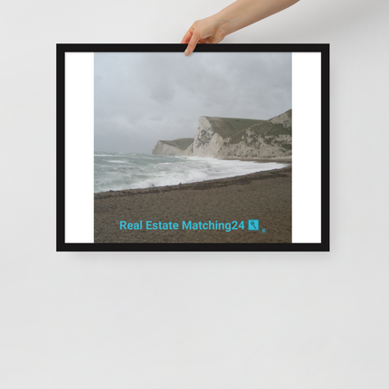 Waves and Sand Framed poster with realestatematching24 with key Logo