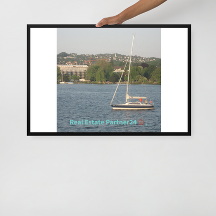 Boat on the River Framed poster with realestatepartner24 with house Logo