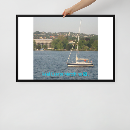 Boat on the River Framed poster with realestatematching with key Logo