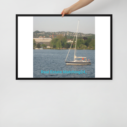 Boat on the River Framed poster with realestatematching24 without key Logo