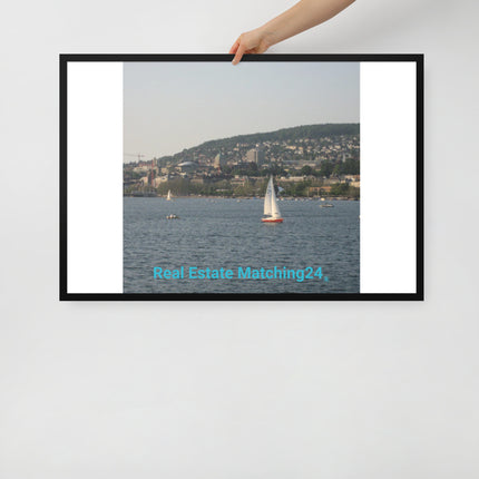 Beautiful River & Hills Sinari Framed poster with realestatematching24 without key Logo