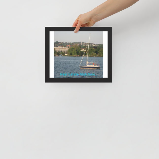 Boat on the River Framed poster with realestatematching without key Logo