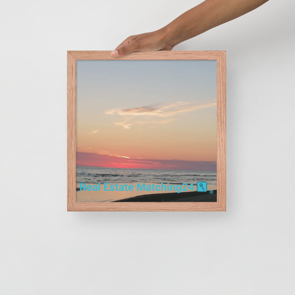 Sunset Sinari Framed poster with Real Estate Matching24 Logo