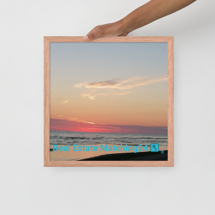 Sunset Sinari Framed poster with Real Estate Matching24 Logo