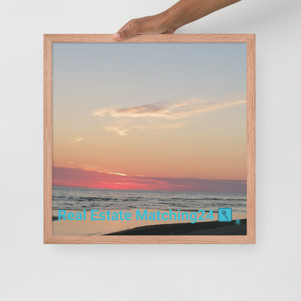Sunset Sinari Framed poster with Real Estate Matching24 Logo
