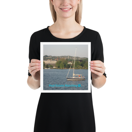 Boat on the River Poster with realestatematching with key Logo