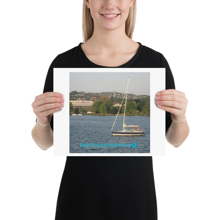 Boat on the River Poster with realestatematching with key Logo