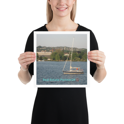 Boat on the River Poster with realestatepartner24 with house Logo