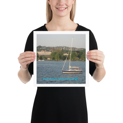 Boat on the River Poster with realestatematching24 with key Logo