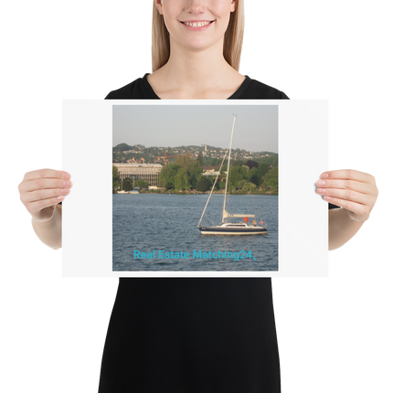 Boat on the River Poster with realestatematching24 without key Logo
