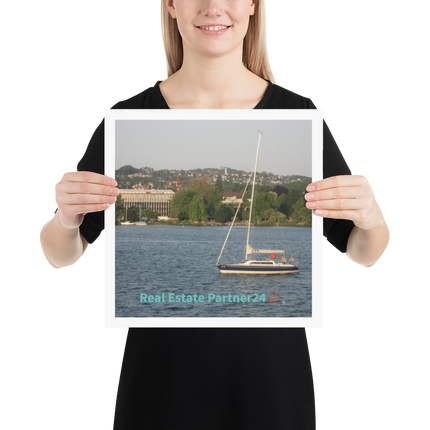 Boat on the River Poster with realestatepartner24 with house Logo