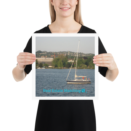 Boat on the River Poster with realestatematching with key Logo