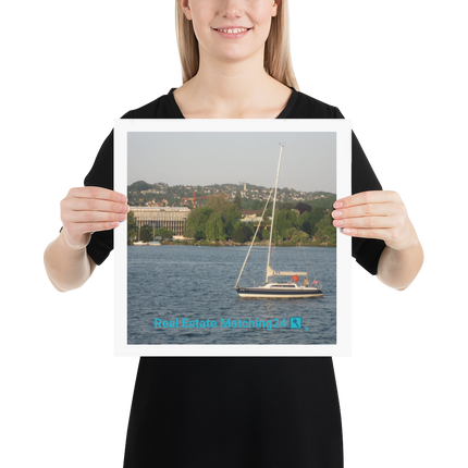 Boat on the River Poster with realestatematching24 with key Logo