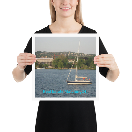 Boat on the River Poster with realestatematching24 without key Logo